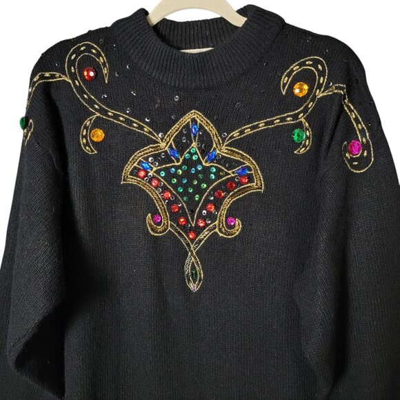 VTG Mariea Kim Womens 80s Retro Artsy Abstract Embroidered Sequin Sweater Medium - Picture 3 of 9